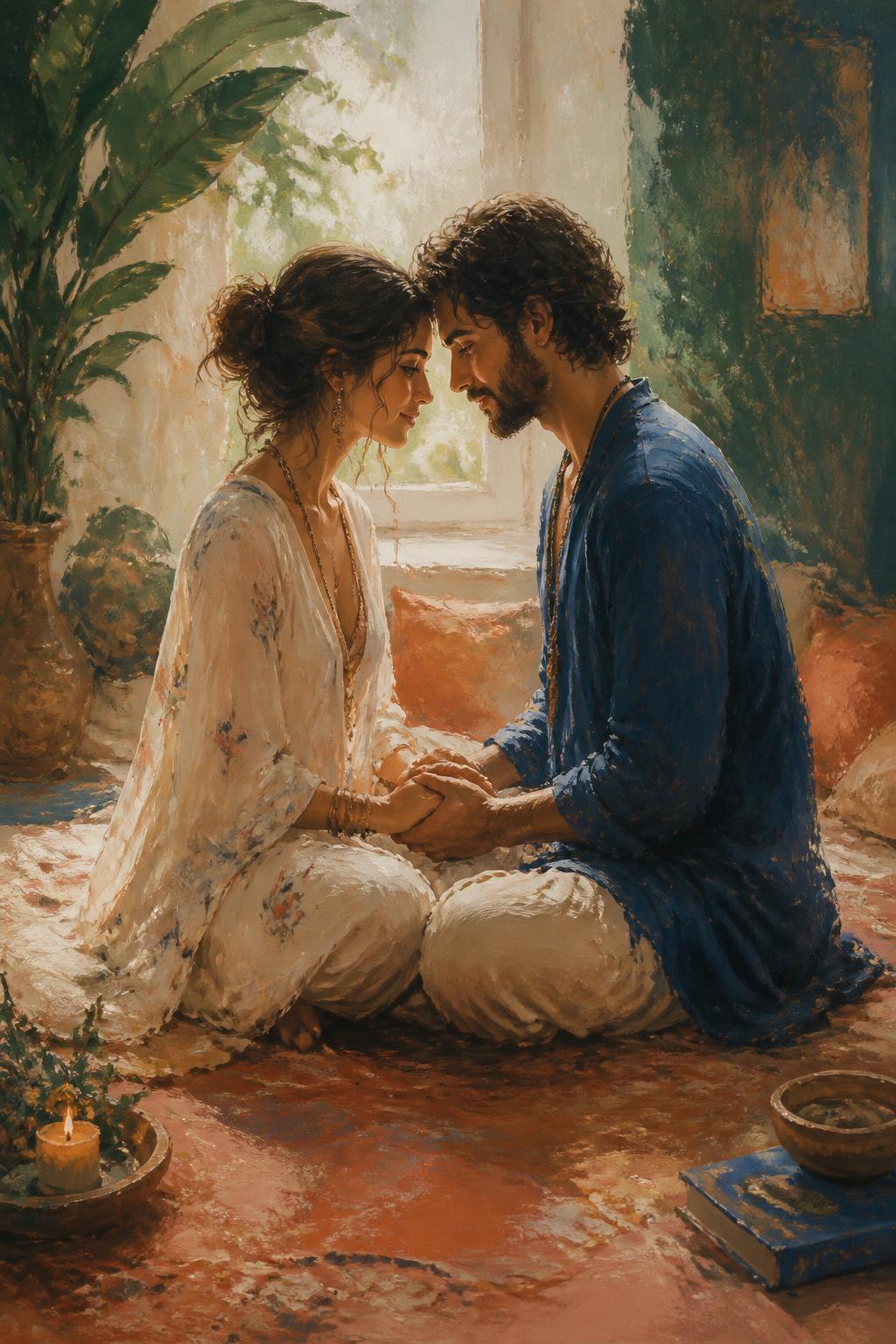 Two partners seated cross-legged, holding hands and gazing into each other's eyes